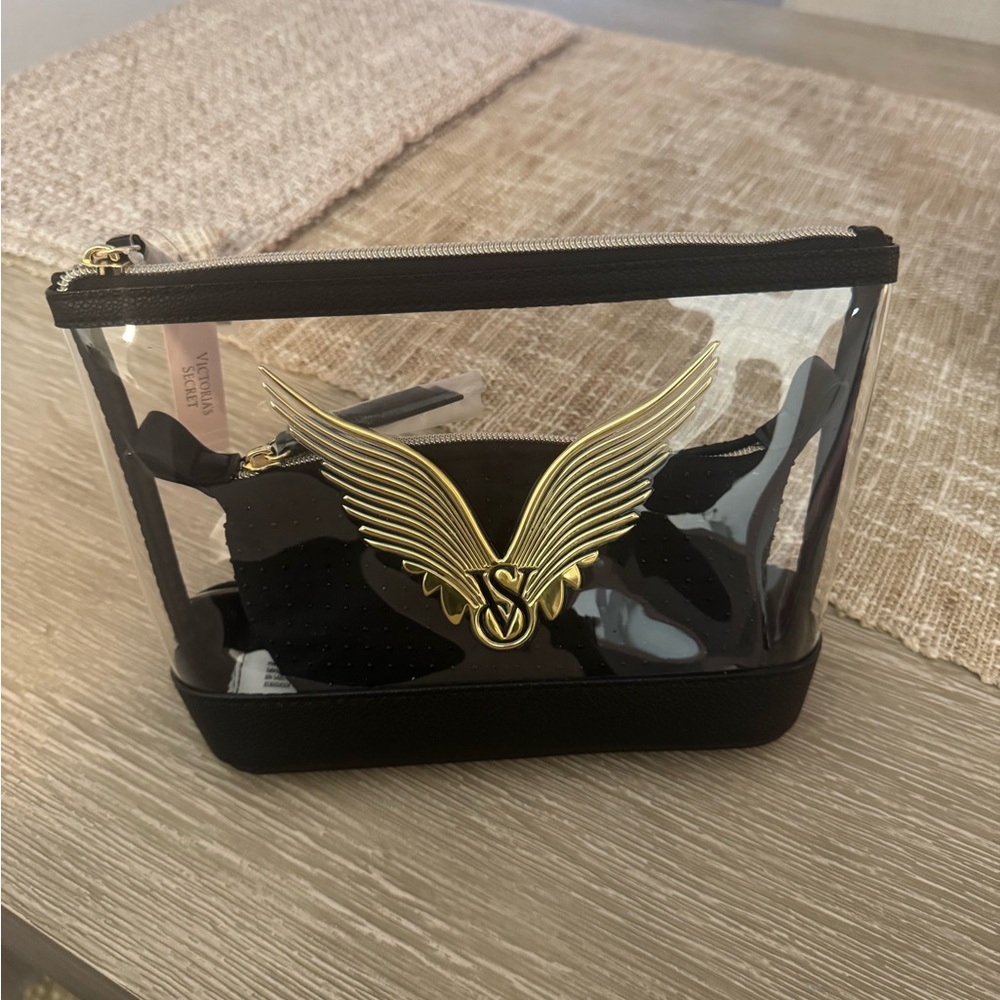 🆕 Victoria’s Secret Clear, Black and Gold Zipper Pouch Set